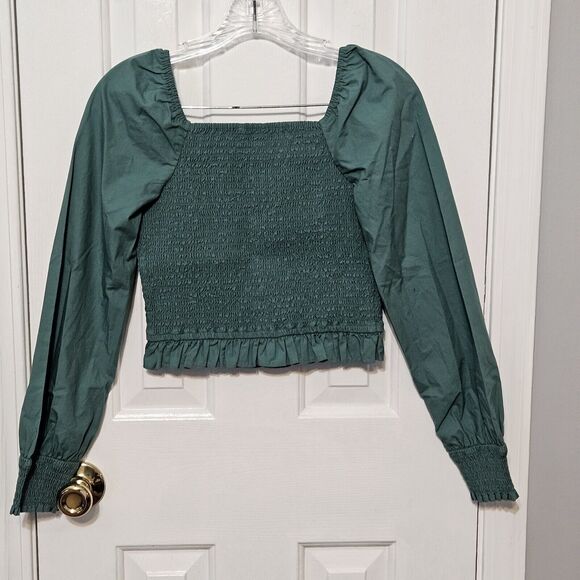 American Eagle Green Smocked Square Neck Crop Blouse Long Sleeve Women's Small - Picture 4 of 9